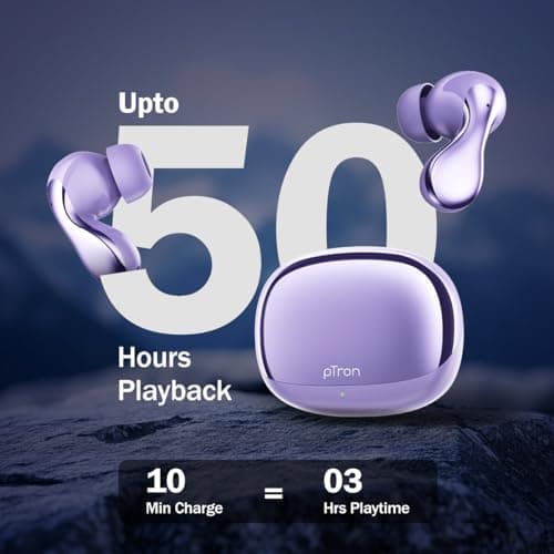 pTron Bassbuds Tango in-Ear TWS Ear Buds w/Custom EQ, 50hrs Playtime, Pristine Sound, Dual Mic, TruTalk ENC Calls, Mobile App, Wireless Bluetooth V6.0, Touch Controls, Type-C Charging, IPX5 (Lilac) 4
