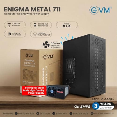 EVM Enigma Metal 711 Computer Cabinet with 500W Enguard Power Supply | Micro ATX/Mini ITX | USB 3.0 Front I/O | 0.6mm Metal Body | 2 HDD + 2 SSD | 80mm Rear Fan | Front 120mm Fan Support | Black 2