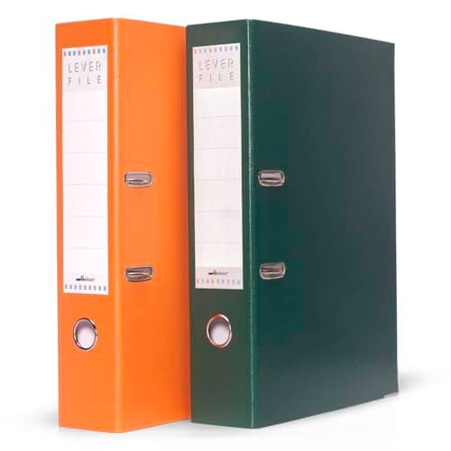 Mahavir Premium – 2D Lever Arch File – Foolscap Size (216mm x 343mm) (8.5inch x 13.5inch) – 70mm(2.75 inch) Nickel Plated Clip – Vinyl Coated Cover Material & Rado Lock – Pack of 2 – (Orange + Green)