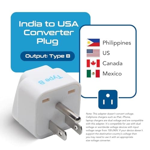 Ceptics India us Converter Plug, India to USA, Canada & More - Type B Universal Travel Adapter Plug - CE Certified - RoHS Compliant - White - 2 Pack - 5 Years Warranty 2