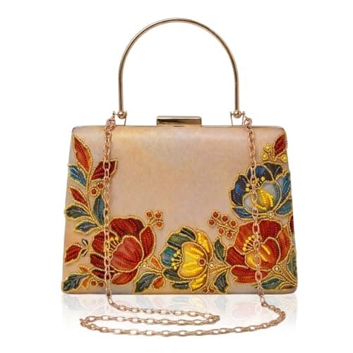 Artklim Printed Gold Floral Embellished Embroidery Clutch Bag for Women with Handle & Detachable Chain Strap | Designer Wedding Festive Evening Handbag