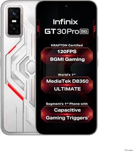 Infinix GT 30 Pro 5G+ (Prism White, 8GB RAM, 256GB Storage) | MediaTek Dimensity 8350 Ultimate Processor | 108MP + 8MP AI Dual Rear Camera | 13MP Front Camera |6.78-inch 1.5K AMOLED Display|