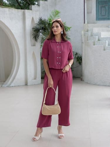 TITTLI Women Rayon Co-Ord Set | Wrinkle Fabric Crop Shirt and Trouser Set | Collar Neck Half Sleeve Elasticated Waist | Casual Wear and All Day Outfit | M to XXL 2