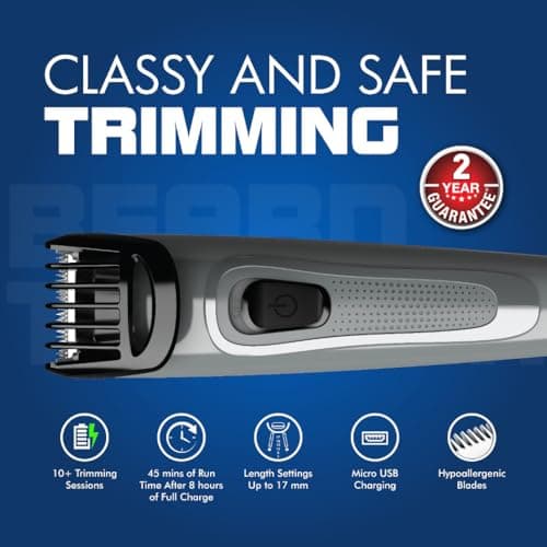 Havells Bt5100C Rechargeable Beard Trimmer with Hypoallergenic Blades; Zero Trim with 0.5 Mm Precision;Upto 17Mm Length Setting for All Styles; 45 Min Runtime,Battery Powered Black & (Grey)-Men 2