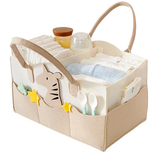 MOM CARE Baby Diaper Organizer Caddy | Nursery Storage Basket with Removable Dividers & 11 Pockets | Portable Baby Essentials Organizer for Diapers, Wipes, Bottles | Felt Diaper Storage Bag – Brown