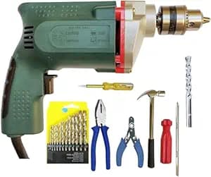 Inditrust With 6 MONTHS WARRANTY New 10mm Electric Drill Machine with 13pc hss Plier Wire Cutter Tester Screwdriver Hammer Masonry bit Set Pistol Grip Drill & not suitable for wall drilling