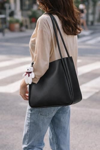SIJJEEL Women's Handbag, Black Synthetic Leather Shoulder Bag with Bear Charm, Rectangular Tote with Zipper Closure, One Size 3