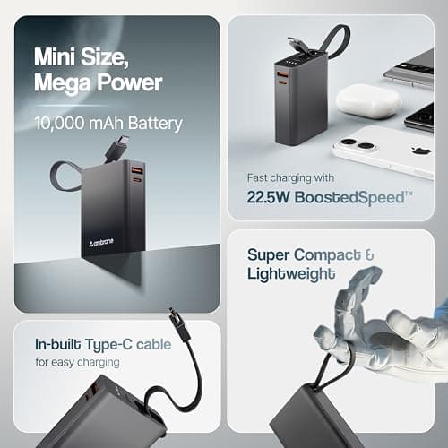 Ambrane 10000mAh Smallest Pocket Size Powerbank, Hanging InBuilt Type C Cable, 22.5W Fast Charging, Type C PD & USB Output for iPhone, Android Mobiles & Other Devices (MiniCharge 11, Black) 2