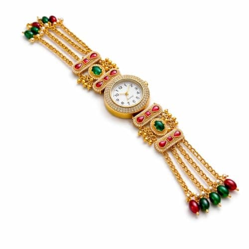 qimlo Gold Plated Bracelet Watch for Women & Girls | Adjustable Chain Jewellery with Analog Dial | Crystal Studded Stylish Ethnic Design