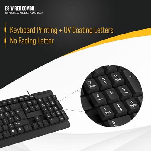 Lapcare E9 Wired Keyboard and Mouse Combo | 104 UV Coated Keys, Spill Resistant | Slim & Ergonomic Design | USB Plug & Play | 1000 DPI Optical Mouse for Home & Office (Black) 3