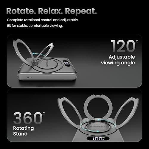 CASEGEAR ACE 10000mAh Aluminium Wireless Power Bank Compatible with Magsafe, Strong N54 Magnet, 20W Fast Charging, Compatible with iPhone 12 & Above, Samsung, etc. 360° Rotating Stand, Digital Display 3