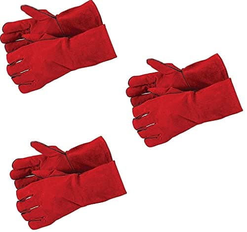 Pacificdeals Welding Heat Resistance Leather Safety Hand Gloves Heavy Duty Industrial For Men Unisex Adults -Set of 3 (Red)