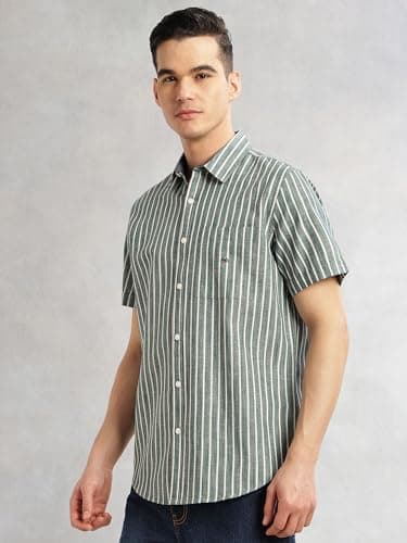 Thomas Scott Men | Slim Fit | Cotton Linen | Vertical Stripes | Casual Shirt with Spread Collar & Short Sleeves (TS1786_Midblue_M) Mid Blue 3