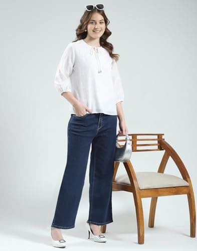 Monte Carlo Women's Regular Fit Self Designed Round Neck Top | 3/4 Sleeve | Casual Wear | Stylish & Comfortable | Everyday Wear Top for Women White S (Pack of 1) 5