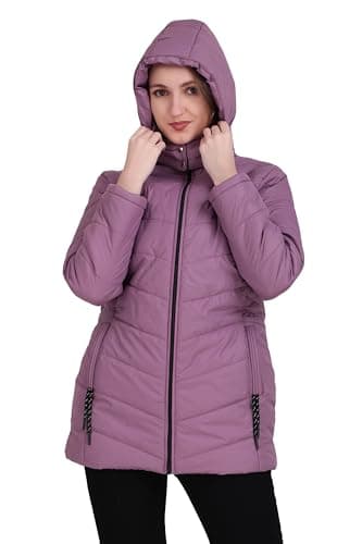 Brazo Long Hooded Puffer Jacket | Warm Winter Coat with Full Zip & Pockets | Lightweight Insulated Outerwear for Women's (IN, Alpha, L, Regular, Dusty-Lavender)