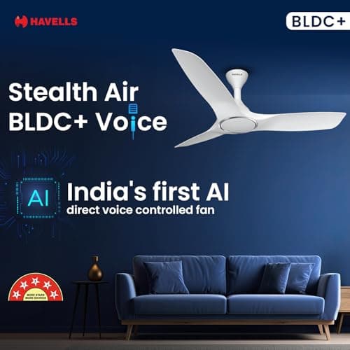 Havells 1200mm Stealth Air BLDC Ceiling Fan | Voice Controlled, Remote Controlled, High Air Delivery Fan, 5 Star Rated | Upto 60% Energy Saving, 2 Year Warranty | (Pack of 1, Pearl White) 2