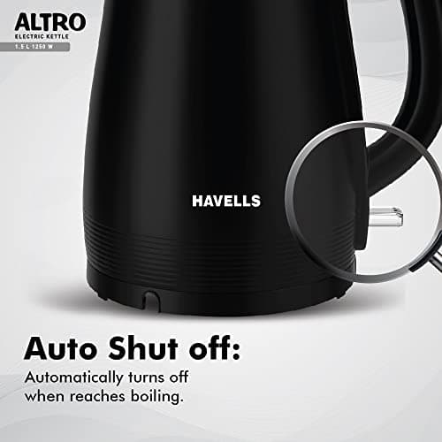 Havells Electric Kettle Altro 1250 Watts 1.5 liters, Double Layered Cool Touch Outer Body | 304 Rust Resistant SS Inner Body with Auto Shut Off | Wider Mouth | 2 Yr Manufacturer Warranty (Black) 5