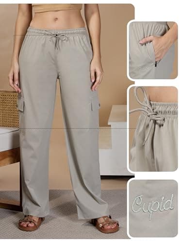 CUPID Women Smart Slim Fit Cargo Pants with High Waist, Zipper Pockets, Easy Wash Straight Fit Casual Wear_Oak Grey_M 2