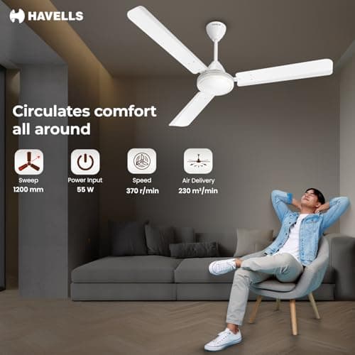 Havells Mozel XP 1200mm Ceiling Fan, Best in Class Base Fan with High Air Delivery, Energy Saving & 100% Pure Copper Motor | 2 Year Warranty | White 5