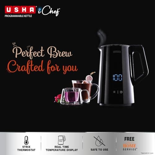 Usha ICHEF Programmable Kettle 2000 Watt| 1.5L | Digital LED Display & Touch control | Double wall for protection from hot exterior| 4 Pre-set modes| Safety with auto cut off | 2 Years Warranty(Black) 2