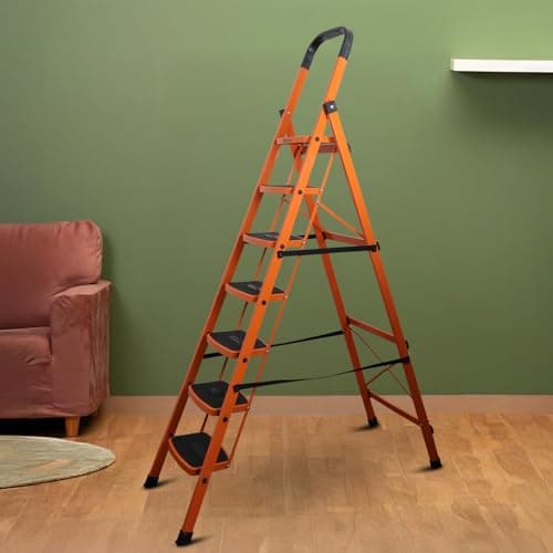 BonKaso Climb Steady Premium Alloy Steel Heavy Duty Multipurpose Foldable 7 Step Ladder with Connecting Frame & Belt Support, Load Capacity Upto 120kg | for Home and Outdoor - (Orange)