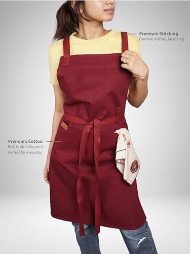 RUSTIQUE LINENS Cotton Cross Back Apron with Waterproof Inner Membrane and 2 Pockets for Men and Women – Adjustable Water Resistant Chef Apron for Cooking, Baking, BBQ, or Work - Garnet 2