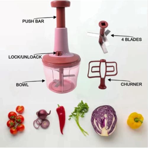 Apex Quba Manual Push Chopper (1000ml) | Heavy Duty Vegetable Chopper & Mixer with 3 Sharp Stainless Steel Blades & Whisk Attachment for Chopping, Blending & Pureeing (Pink/Burgundy) 2
