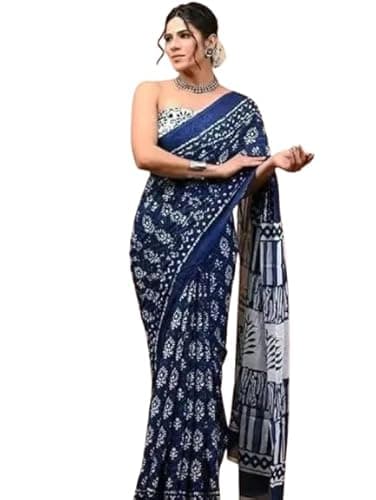 Navy Blue Printed Saree with Floral Pattern, Traditional Indian Ethnic Wear