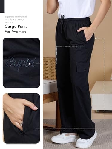 CUPID Women Smart Slim Fit Cargo Pants with High Waist, Zipper Pockets, Easy Wash Straight Fit Casual Wear_Black_5XL 2