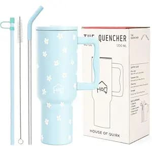 House of Quirk 1200ML Stainless Steel Tumbler with Handle & Lid, 2 Straws – Large Travel Mug Water Cup for Gym, Office & Outdoor Use (Blue Daisy)