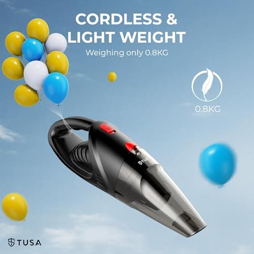 Tusa Cordless Vacuum Cleaner for Car & Home | 2X Powerfull Suction, Dual Mode Battery 6000mAh & 12V DC Car Port | High Power Portable Lightweight Wireless Vacuum, Rechargeable (V1) (Black) 4
