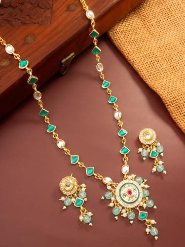 BEVOGUE Traditional Green & White Stone Necklace Set for Women | Gold Plated Brass Jewellery Set with Earrings | Latest Trendy Ethnic Jewellery | Wedding & Festive Gift | Ideal Gift Choice (NK4890) 5