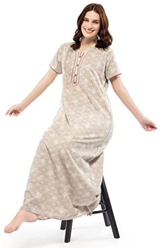 ZEYO Women Polyester Maxi Beige Leaf Printed Nighty Night Gown 5684, Medium 3
