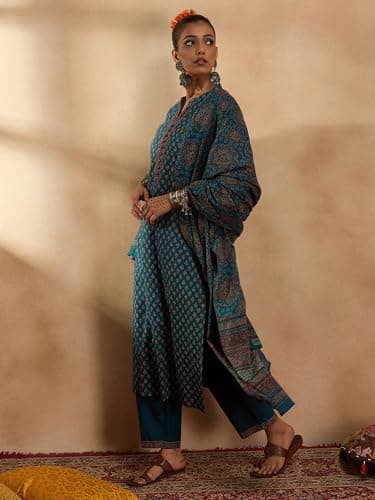 INDO ERA Women's Teal Pure Cotton Ethnic Motif Printed Straight Kurta & Pant with Dupatta Set (KH0TL5483_X-Small) 3