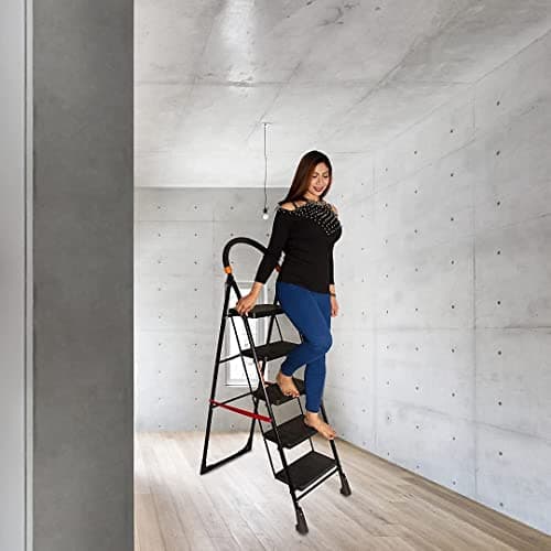 Parasnath 5 Step Black Diamond Steel Ladder - Foldable Step Ladder -Wide Anti Skid Plastic Steps - 6 Year Manufacturer Warranty - Made in India