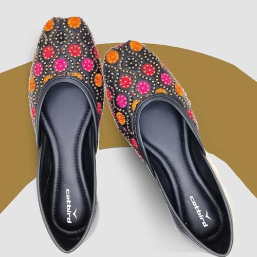 CatBird Women's Black Designer Emboidery with Stone Work Punjabi Jutis 8 UK 2