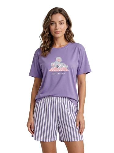 HELLCAT Women Co-ords Loungewear & Sleepwear Set | Relaxed Fit Round Neck Graphic Print Top with Striped Shorts | Breathable Cotton Blend Nightwear, Night Dress, Lounge Wear, Summer Homewear Purple