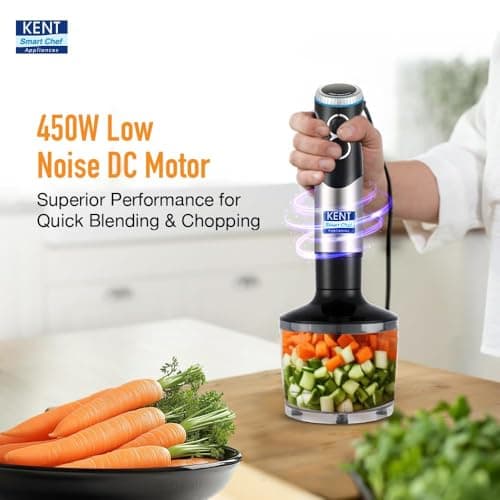 KENT Hand Blender Plus Chopper 450 W | Variable Speed Control | Turbo Switch for Fast Blending & Chopping | Hot & Cold Blending | Low Noise DC Motor | Multiple Attachments Chopper, Whisker & Jar 4