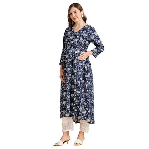 MomToBe Women's Rayon Maternity Kurta/Pregnancy Kurti/Easy Breastfeeding Kurta with Zippers for Nursing Pre and Post Pregnancy (Dark Blue :: X-Large) 2