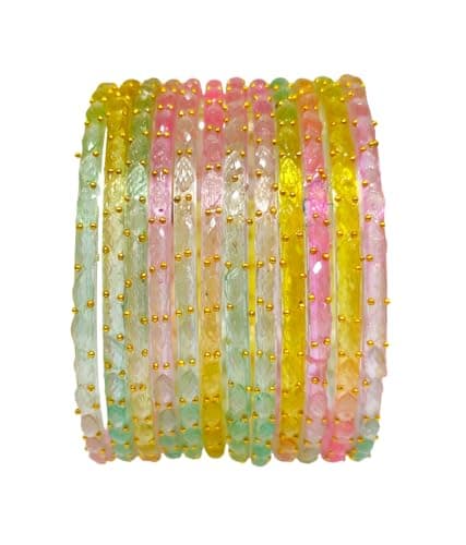 Tanush Women's Plain And Glossy Finished Raindrop Glass Bangles Set Premium Textured Shining Bangles With Bead Detailing Traditional Ethnic Chudi For Daily Wear Party Festive Use Set Of 12 Pcs (Light_