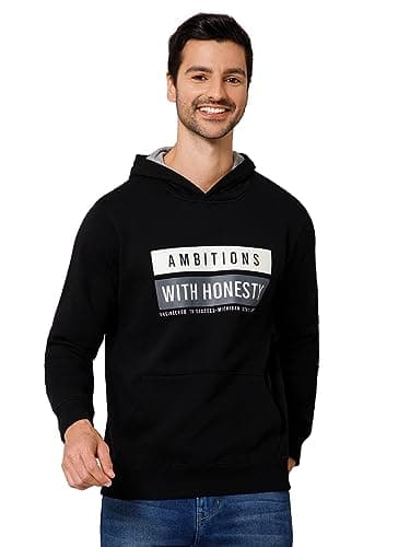 Cantabil Printed Black Full Sleeves Regular Fit Mens Casual Sweatshirt with Hoodie | Casual Winter Sweatshirts for Men | Mens Sweatshirts for Winter Wear (MSWS00122_Black_L)
