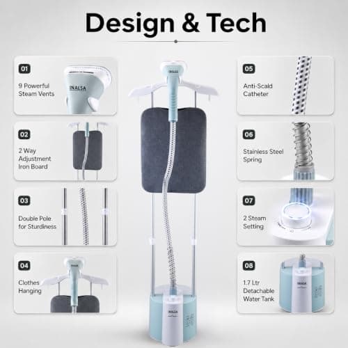 INALSA Standing Iron Garment Steamer-2000 W|Variable Control Knob |1.7 L Detachable Water Tank|Adjustable Iron Board|Vertical & Horizontal Steaming up to 30g/min|28 sec Fast Heating-STEAM MASTER PLUS 5