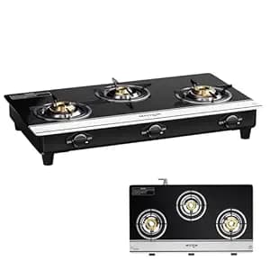 Milton Ignis Pro 3 Burners Auto Ignition Gas Stove | ISI Certified | 6mm Toughened Glass Top | 360 Degree Nozzle | Heavy Pan Support | Pure Brass Burners | 1 Year Manufacturer's Warranty-Black & White