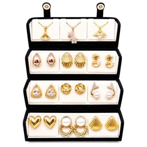 BinsAura 12 Piece Jewellery Gift Set for Women with Premium Jewellery Box | 9 Korean Stud, Hoop & Drop Earrings + 3 Pendant Necklace Set | Fashion Jewellery Combo for Girls | Birthday, Anniversary, We