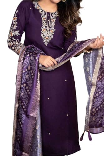 Magenta Women Embroidered Kurta with Dupatta Set | Ethnic Straight Kurti for Festive Wedding Party Casual Wear | Traditional Indian Outfit 3/4 Sleeve Size - XXL