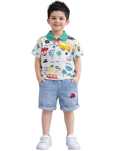 M.C Cotton Kids Clothes for Boys Set with Printed T-Shirt & Denim Shorts | Comfortable Baby Boy Dress for Playtime | Soft Kids Dress Boy Outfit Designed for Style & Comfort (White 02, 2-3 year)