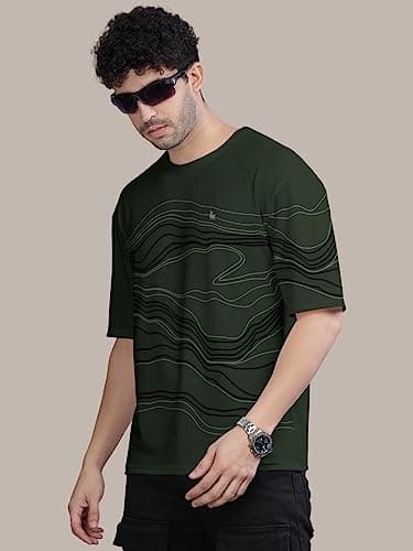 BULLMER Trendy Front Printed Oversized Round Neck T-Shirt for Men - Dark Green/Large 5