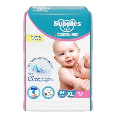 Amazon Brand - Supples Premium Diapers, X-Large (XL), 24 Count, 12-17 Kg, 12 hrs Absorption Baby Diaper Pants
