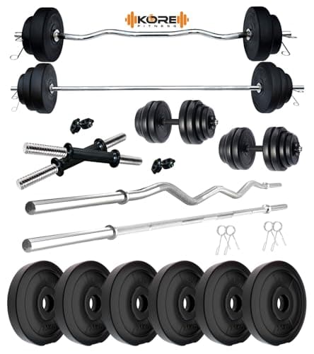Kore PVC 15 Kg Home Gym Set with One 3 Ft Plain + One 3 Ft Curl Rod and One Pair Dumbbell Rods, Multicolour 2