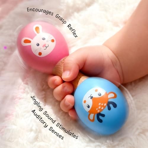 Intellibaby Wooden Dumbbell Handheld Rattle for Babies, Non-Toxic & Smooth Finish Baby Rattle Toy, Sensory & Motor Skill Infant Toy, Animal Print Infant Toy for 0+ Months, Ideal Gift for Baby Boys & G 5